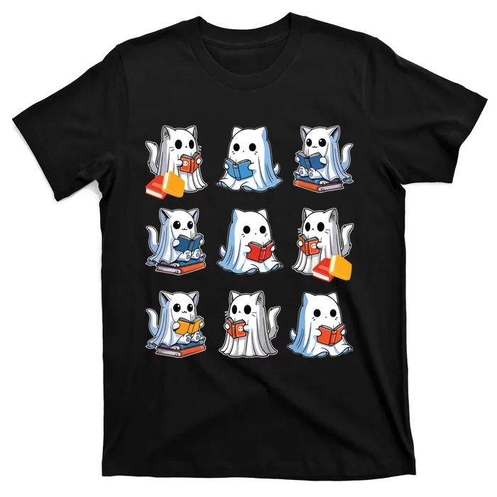 Funny Cats Reading Halloween Cute Cats Ghosts Reading Books T-Shirt