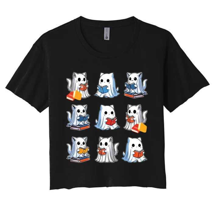 Funny Cats Reading Halloween Cute Cats Ghosts Reading Books Women's Crop Top Tee