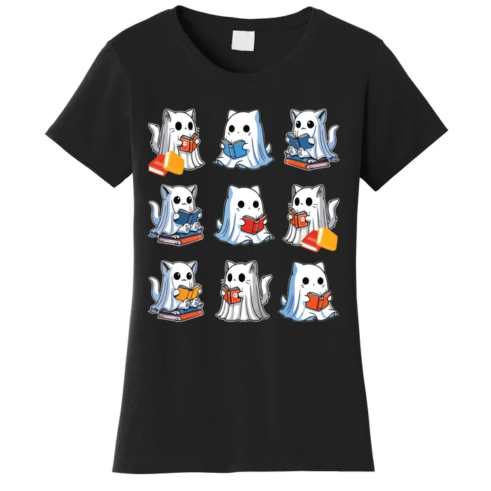 Funny Cats Reading Halloween Cute Cats Ghosts Reading Books Women's T-Shirt