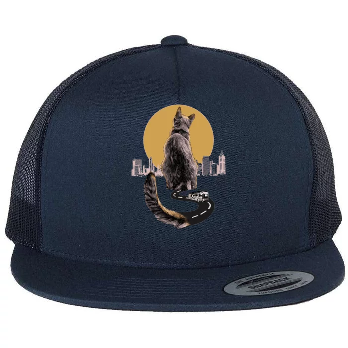 Funny City Road Highway Cat Flat Bill Trucker Hat