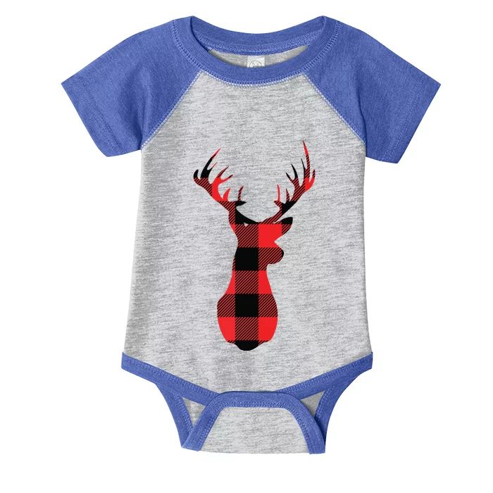 Funny Classic Red Black Christmas Buffalo Plaid Deer Head Infant Baby Jersey Bodysuit