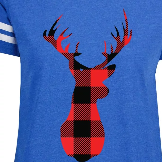 Funny Classic Red Black Christmas Buffalo Plaid Deer Head Enza Ladies Jersey Football T-Shirt