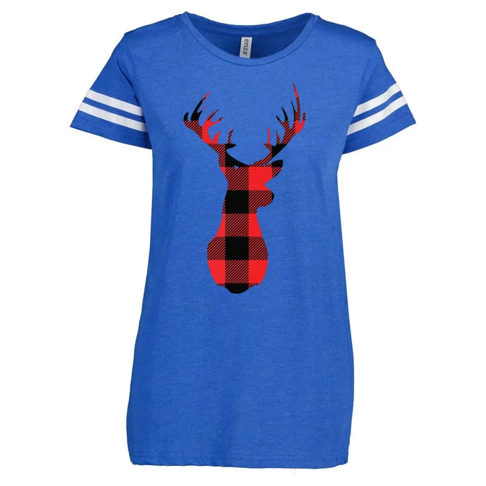 Funny Classic Red Black Christmas Buffalo Plaid Deer Head Enza Ladies Jersey Football T-Shirt