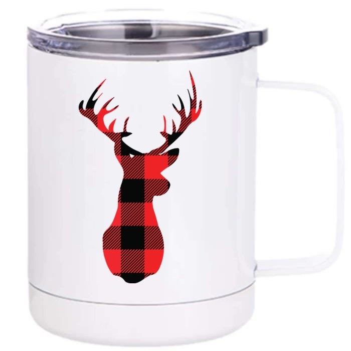 Funny Classic Red Black Christmas Buffalo Plaid Deer Head Front & Back 12oz Stainless Steel Tumbler Cup