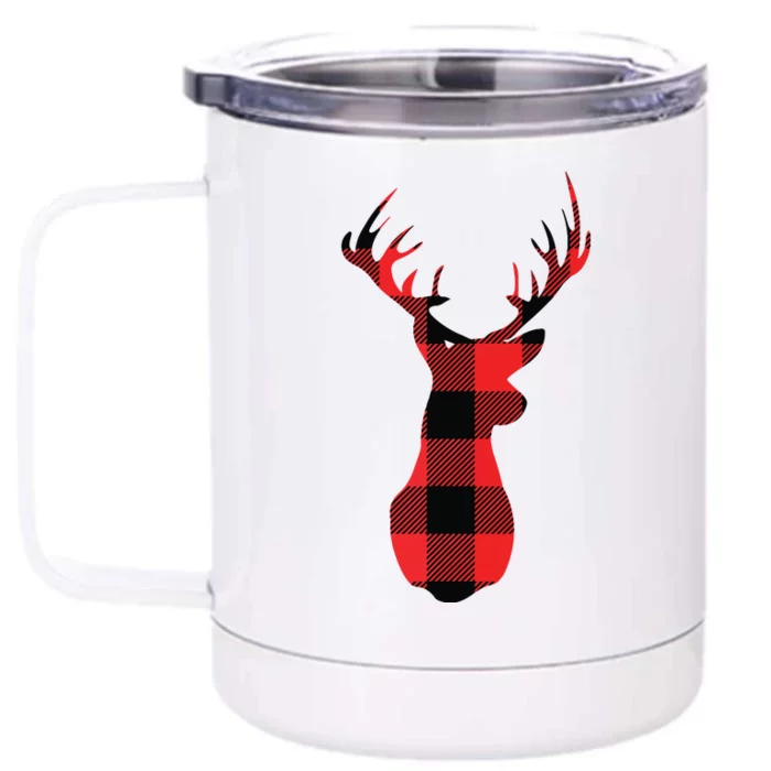 Funny Classic Red Black Christmas Buffalo Plaid Deer Head Front & Back 12oz Stainless Steel Tumbler Cup