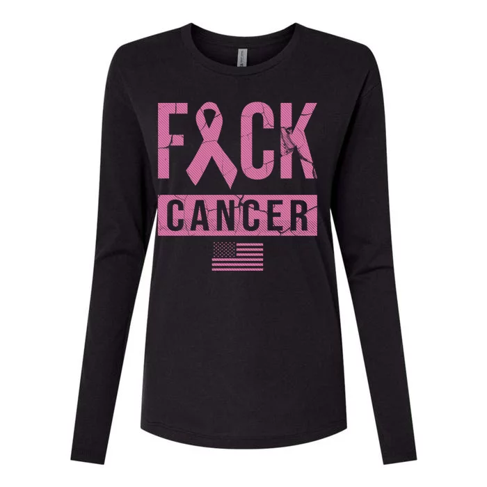 F*ck Cancer Ribbon American Flag Tribute Womens Cotton Relaxed Long Sleeve T-Shirt