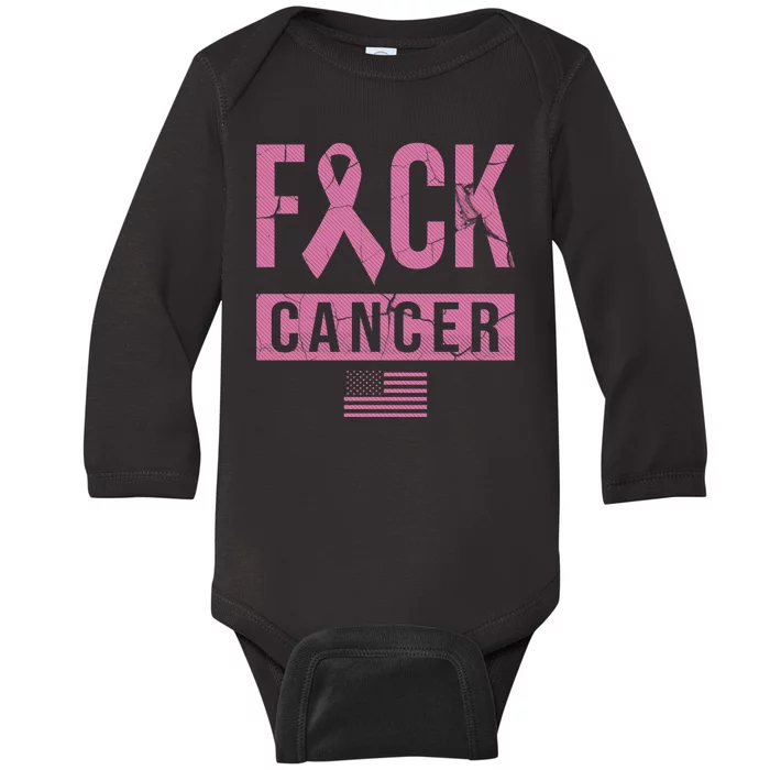 F*ck Cancer Ribbon American Flag Tribute Baby Long Sleeve Bodysuit