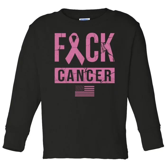 F*ck Cancer Ribbon American Flag Tribute Toddler Long Sleeve Shirt