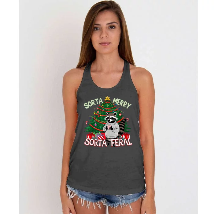 Funny Christmas Raccoon Sorta Merry Sorta Santa Feral Xmas Women's Knotted Racerback Tank