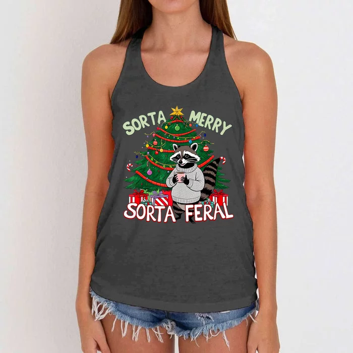 Funny Christmas Raccoon Sorta Merry Sorta Santa Feral Xmas Women's Knotted Racerback Tank