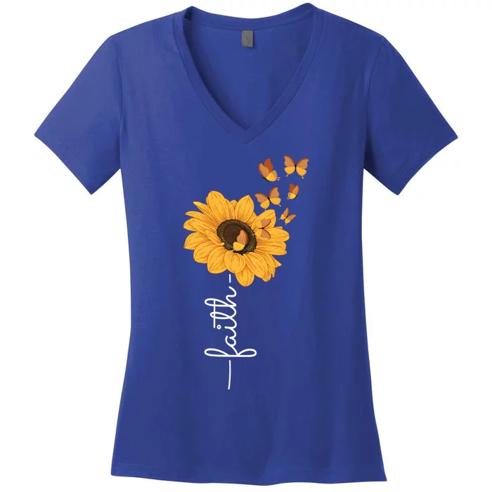 Faith Christ Religious Sunflower Butterfly Art Gift Women's V-Neck T-Shirt