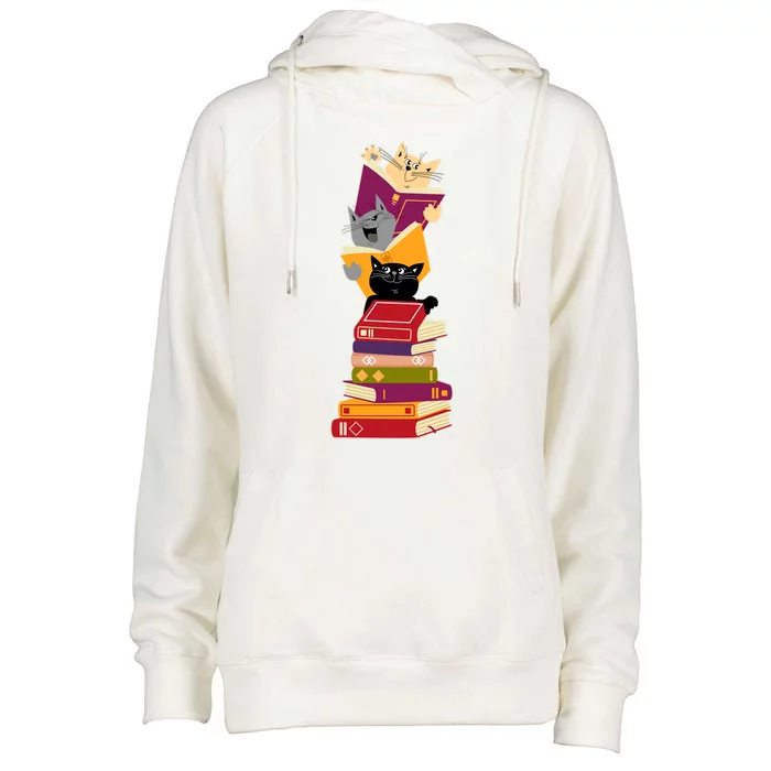 Funny Cats Reading Books Reading Book Lover Womens Funnel Neck Pullover Hood