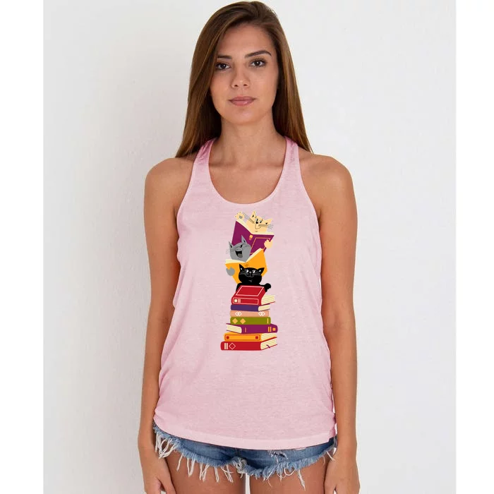 Funny Cats Reading Books Reading Book Lover Women's Knotted Racerback Tank