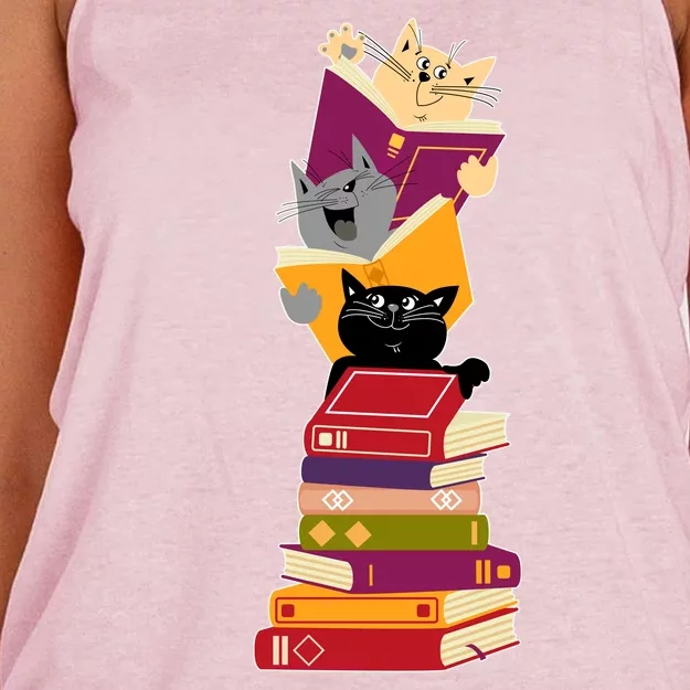 Funny Cats Reading Books Reading Book Lover Women's Knotted Racerback Tank