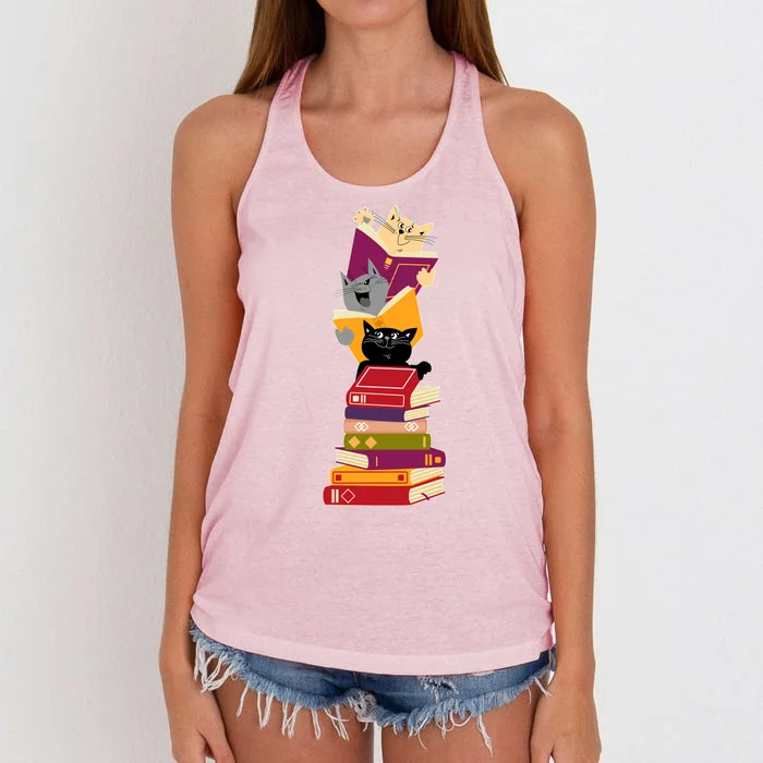 Funny Cats Reading Books Reading Book Lover Women's Knotted Racerback Tank