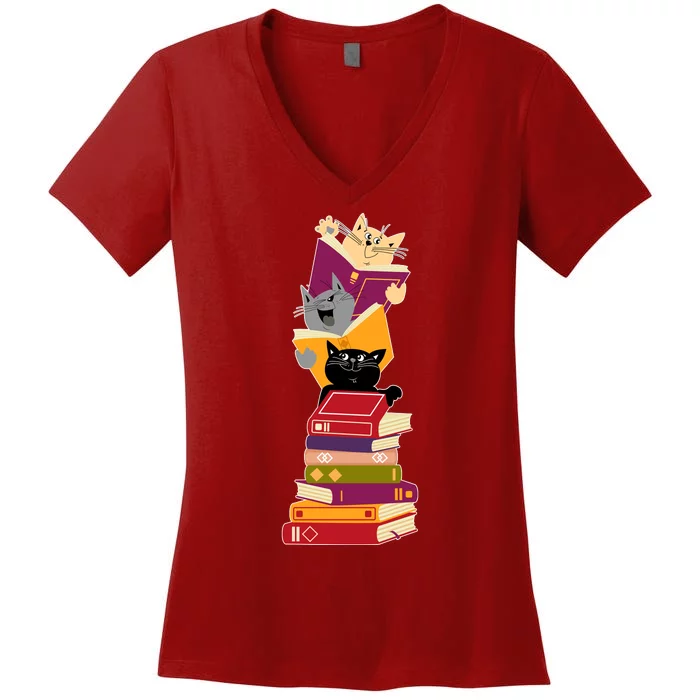 Funny Cats Reading Books Reading Book Lover Women's V-Neck T-Shirt