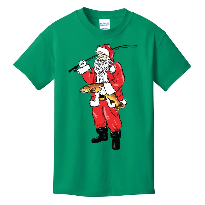 Funny Christmas Santa Clause Fishing For Brown Trout Kids T-Shirt