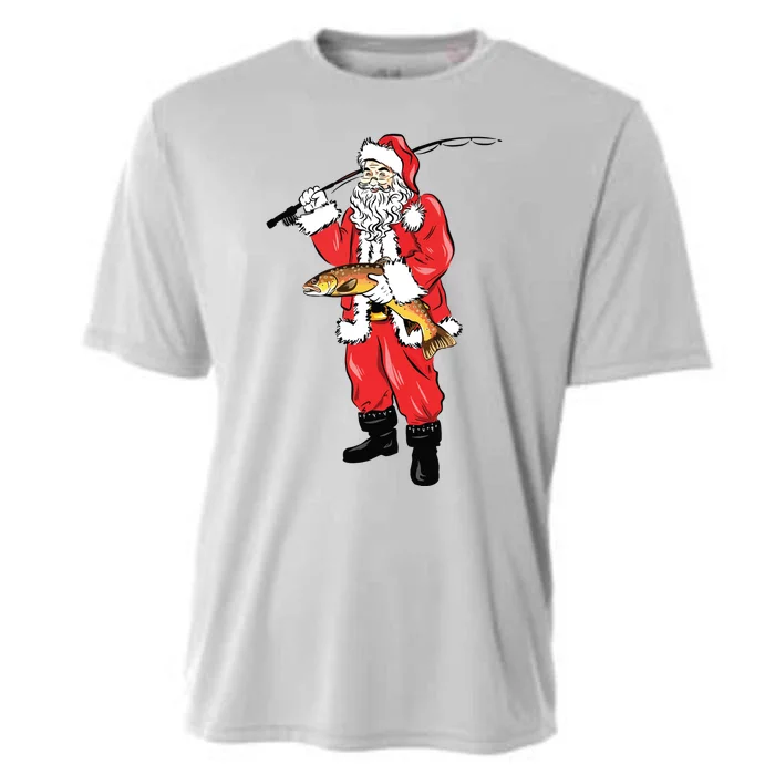 Funny Christmas Santa Clause Fishing For Brown Trout Cooling Performance Crew T-Shirt