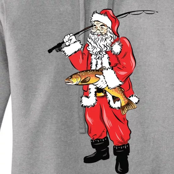 Funny Christmas Santa Clause Fishing For Brown Trout Women's Pullover Hoodie