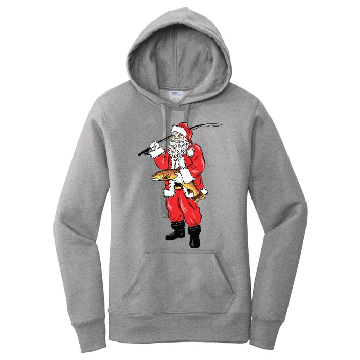 Funny Christmas Santa Clause Fishing For Brown Trout Women's Pullover Hoodie