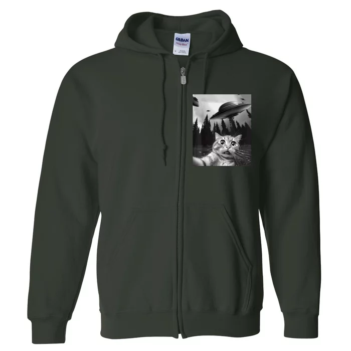 Funny Cat Selfie With UFOs Full Zip Hoodie