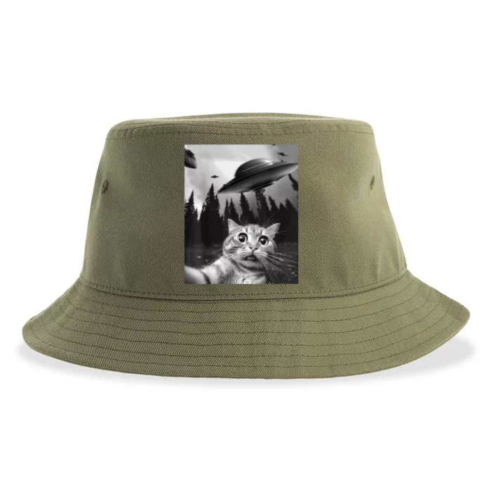 Funny Cat Selfie With UFOs Sustainable Bucket Hat