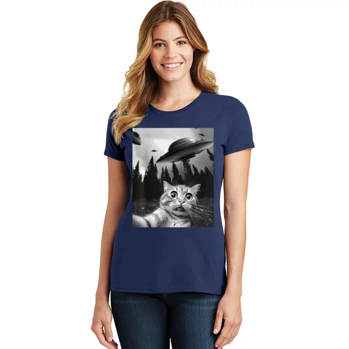 Funny Cat Selfie With UFOs Women's T-Shirt