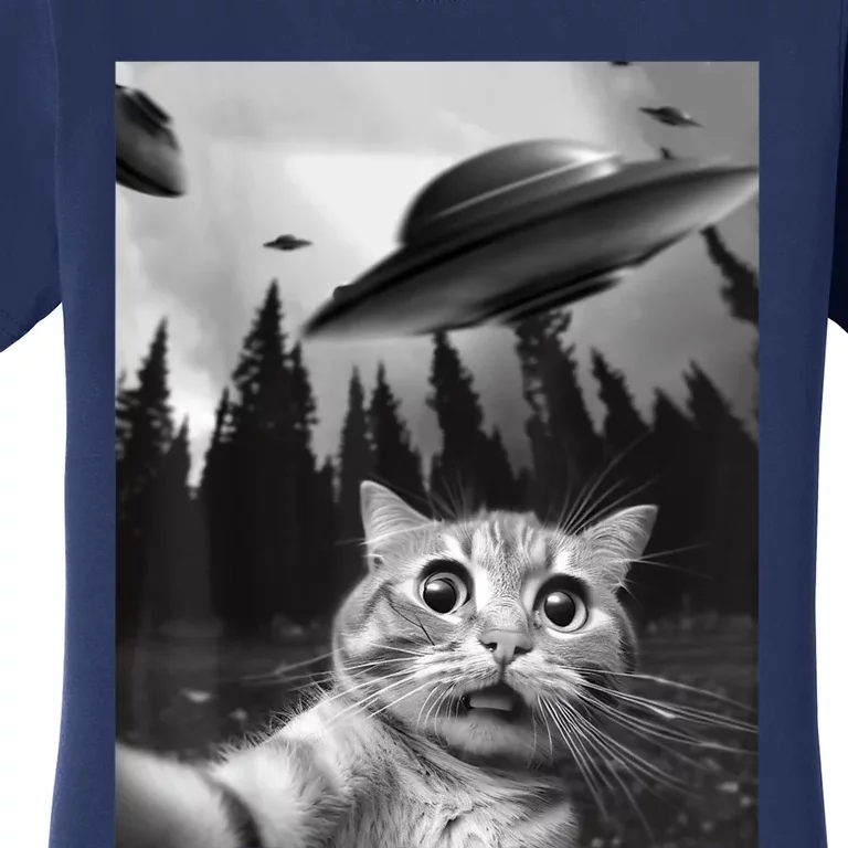 Funny Cat Selfie With UFOs Women's T-Shirt