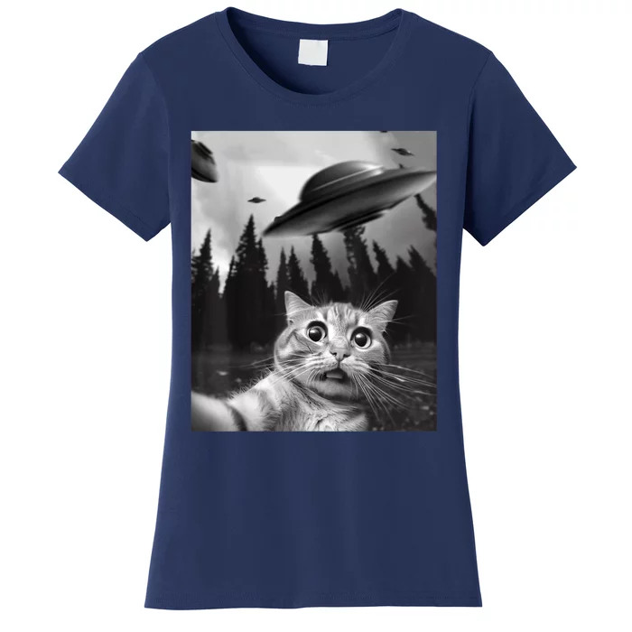 Funny Cat Selfie With UFOs Women's T-Shirt