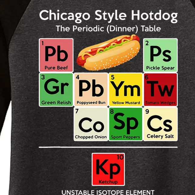 Funny Chicago Style Hot Dog Periodic Dinner Table Of Element Women's Tri-Blend 3/4-Sleeve Raglan Shirt