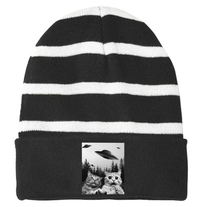 Funny Cat Selfie with UFOs Striped Beanie with Solid Band