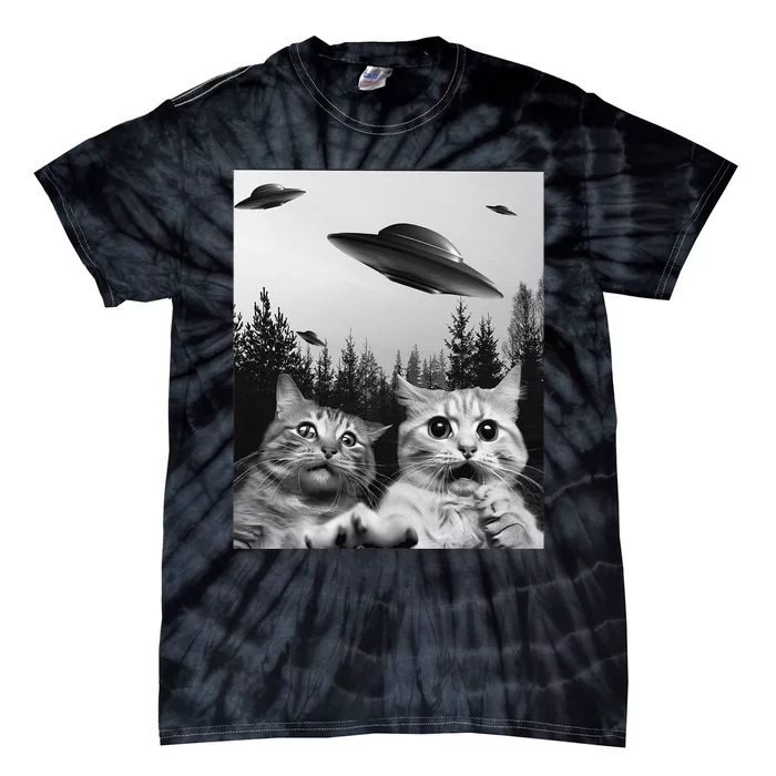 Funny Cat Selfie with UFOs Tie-Dye T-Shirt