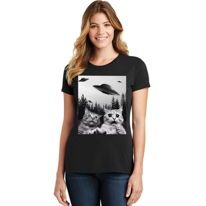 Funny Cat Selfie with UFOs Women's T-Shirt