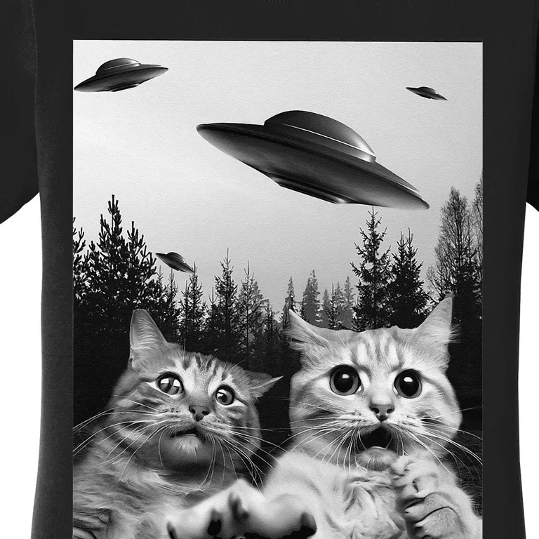 Funny Cat Selfie with UFOs Women's T-Shirt