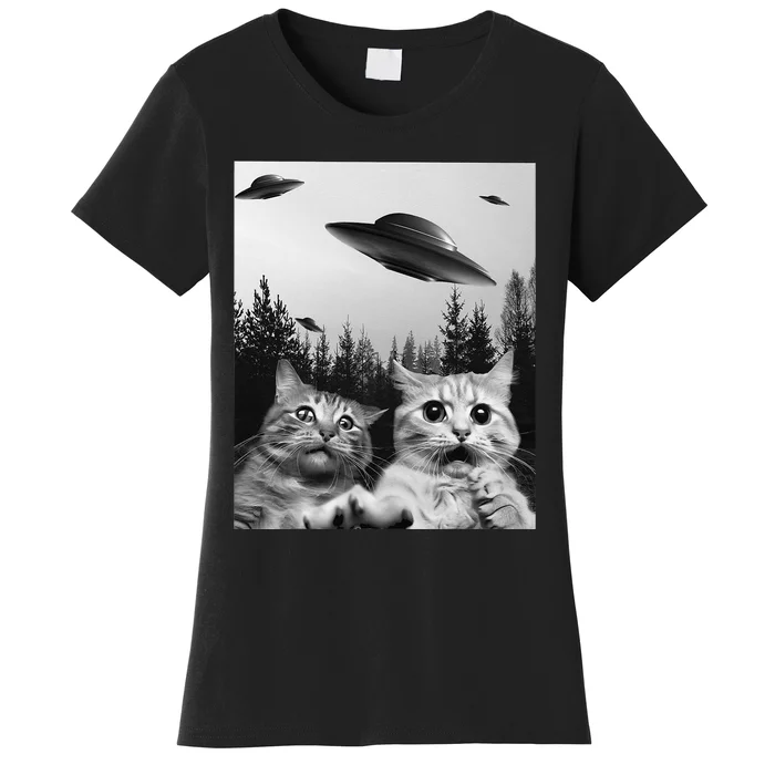 Funny Cat Selfie with UFOs Women's T-Shirt