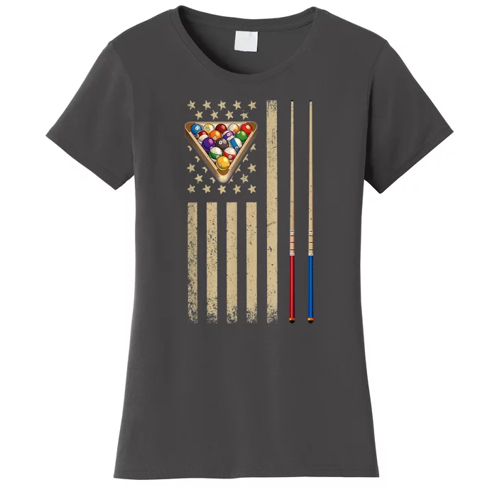 Funny Cue Stick Vintage Billiard American Flag Pool Player Gift Women's T-Shirt