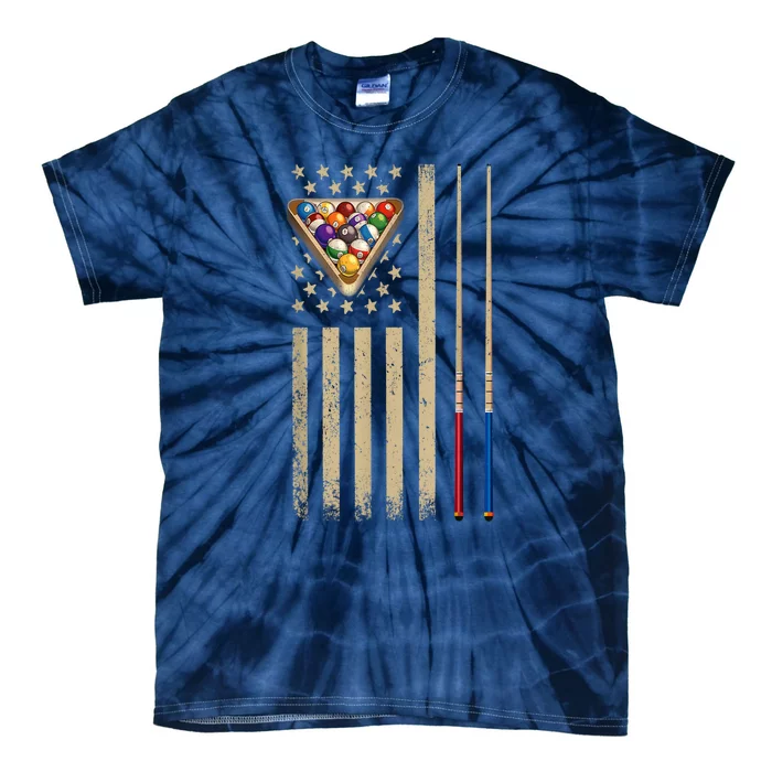 Funny Cue Stick Vintage Billiard American Flag Pool Player Gift Tie-Dye T-Shirt