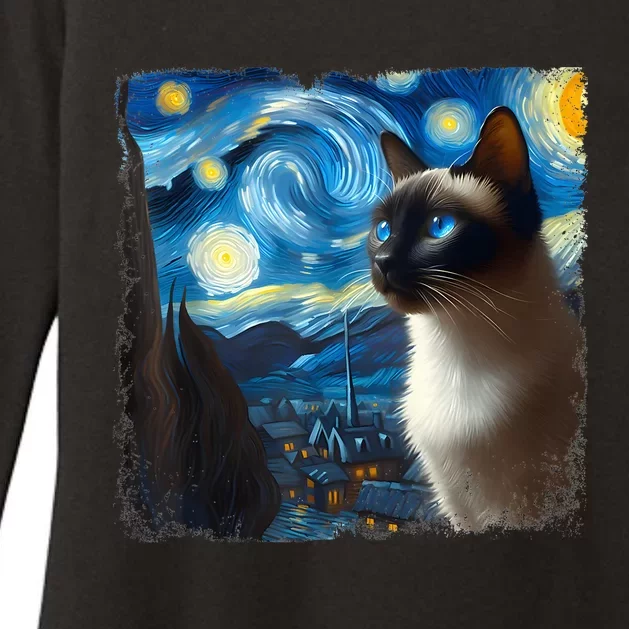 Funny Cute Siamese Cat Starry Night Van Gogh Painting Womens CVC Long Sleeve Shirt