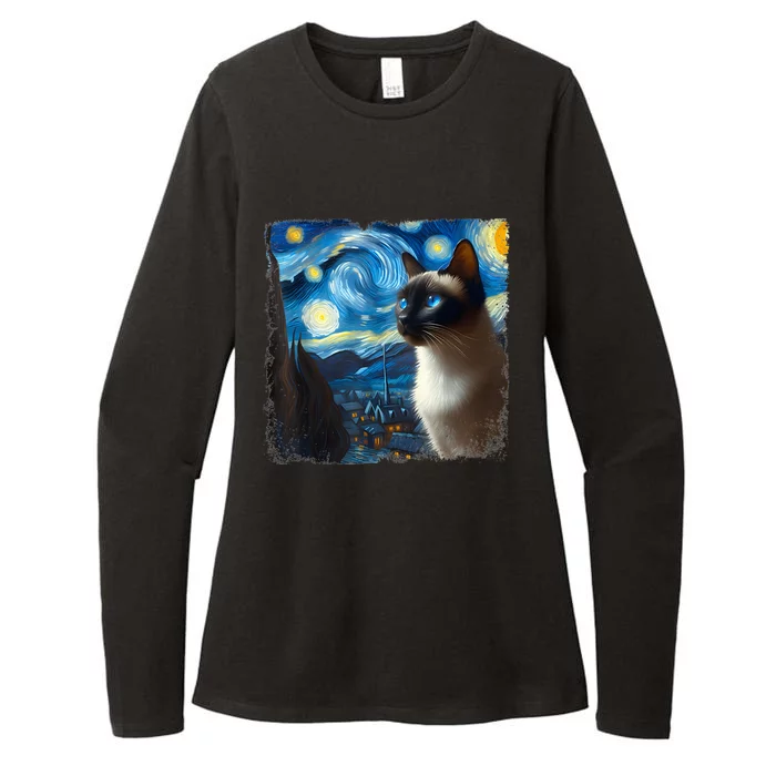 Funny Cute Siamese Cat Starry Night Van Gogh Painting Womens CVC Long Sleeve Shirt