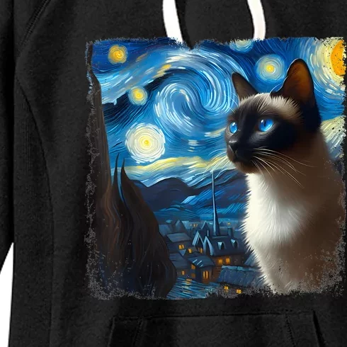 Funny Cute Siamese Cat Starry Night Van Gogh Painting Women's Fleece Hoodie