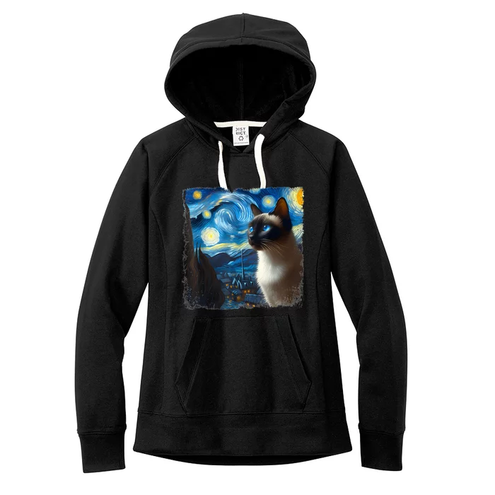 Funny Cute Siamese Cat Starry Night Van Gogh Painting Women's Fleece Hoodie