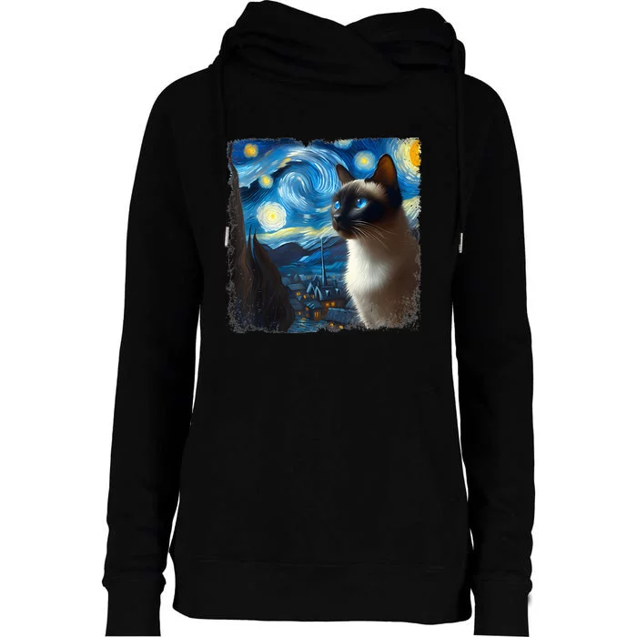 Funny Cute Siamese Cat Starry Night Van Gogh Painting Womens Funnel Neck Pullover Hood