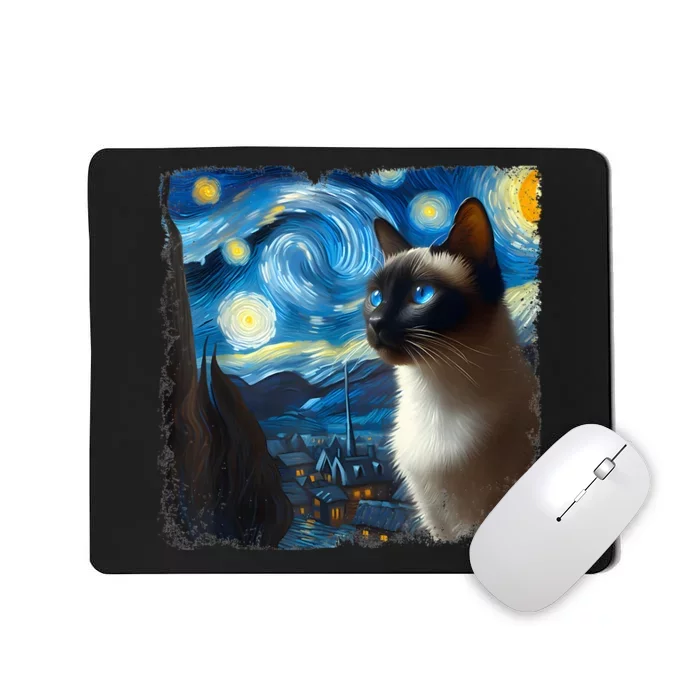 Funny Cute Siamese Cat Starry Night Van Gogh Painting Mousepad