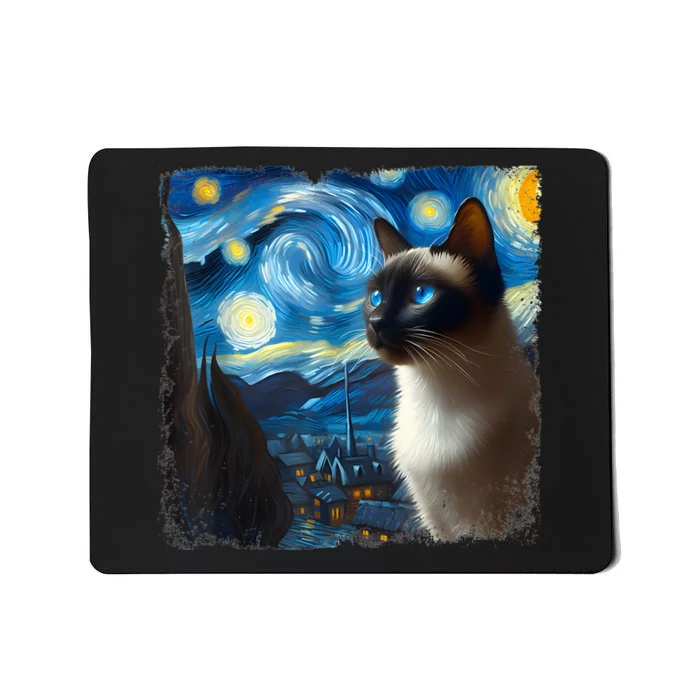 Funny Cute Siamese Cat Starry Night Van Gogh Painting Mousepad