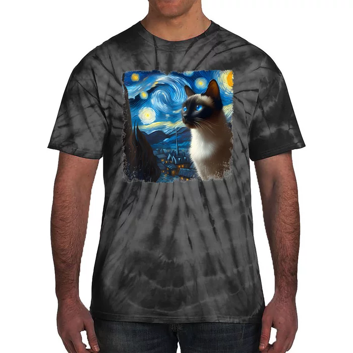 Funny Cute Siamese Cat Starry Night Van Gogh Painting Tie-Dye T-Shirt