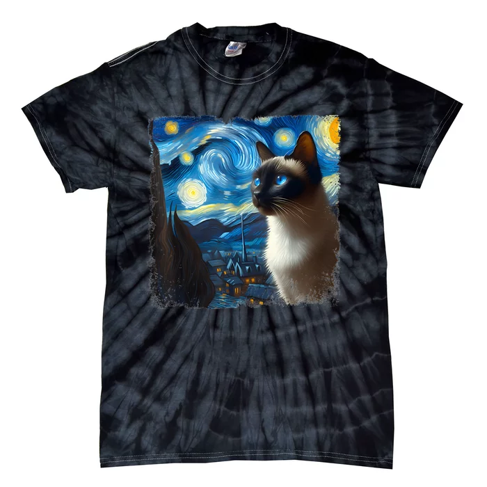 Funny Cute Siamese Cat Starry Night Van Gogh Painting Tie-Dye T-Shirt