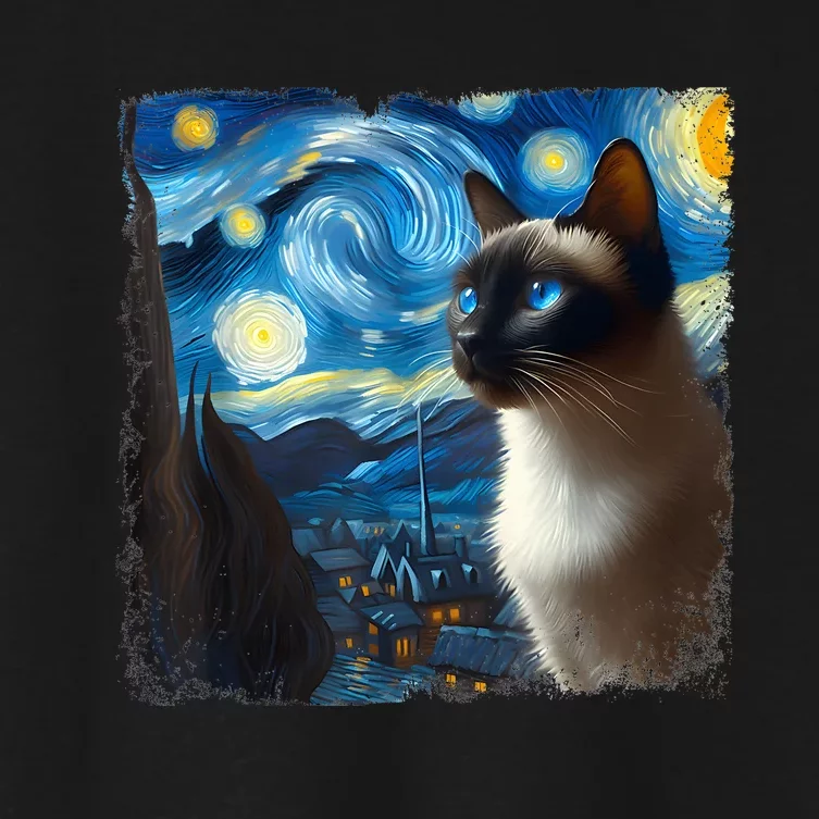 Funny Cute Siamese Cat Starry Night Van Gogh Painting Women's Crop Top Tee