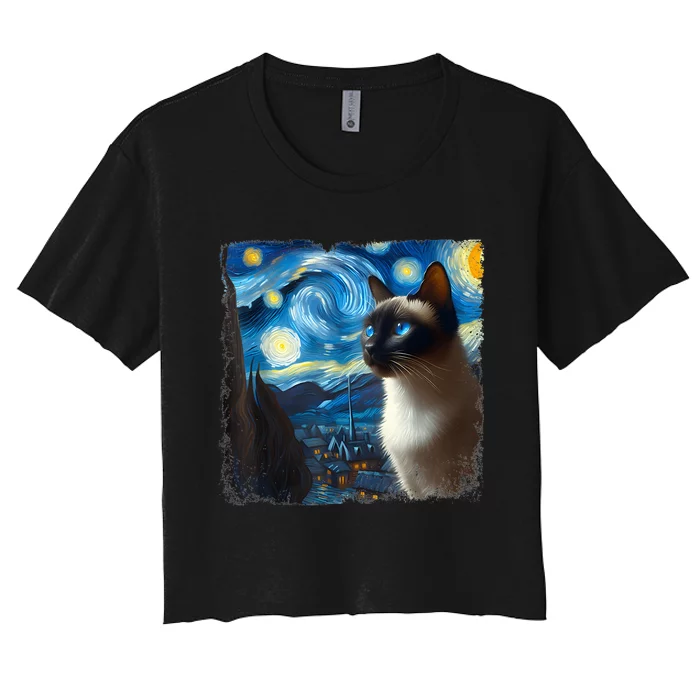 Funny Cute Siamese Cat Starry Night Van Gogh Painting Women's Crop Top Tee