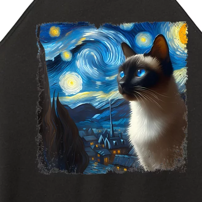 Funny Cute Siamese Cat Starry Night Van Gogh Painting Women’s Perfect Tri Rocker Tank