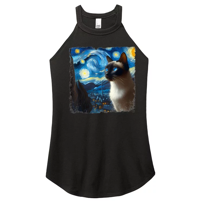 Funny Cute Siamese Cat Starry Night Van Gogh Painting Women’s Perfect Tri Rocker Tank